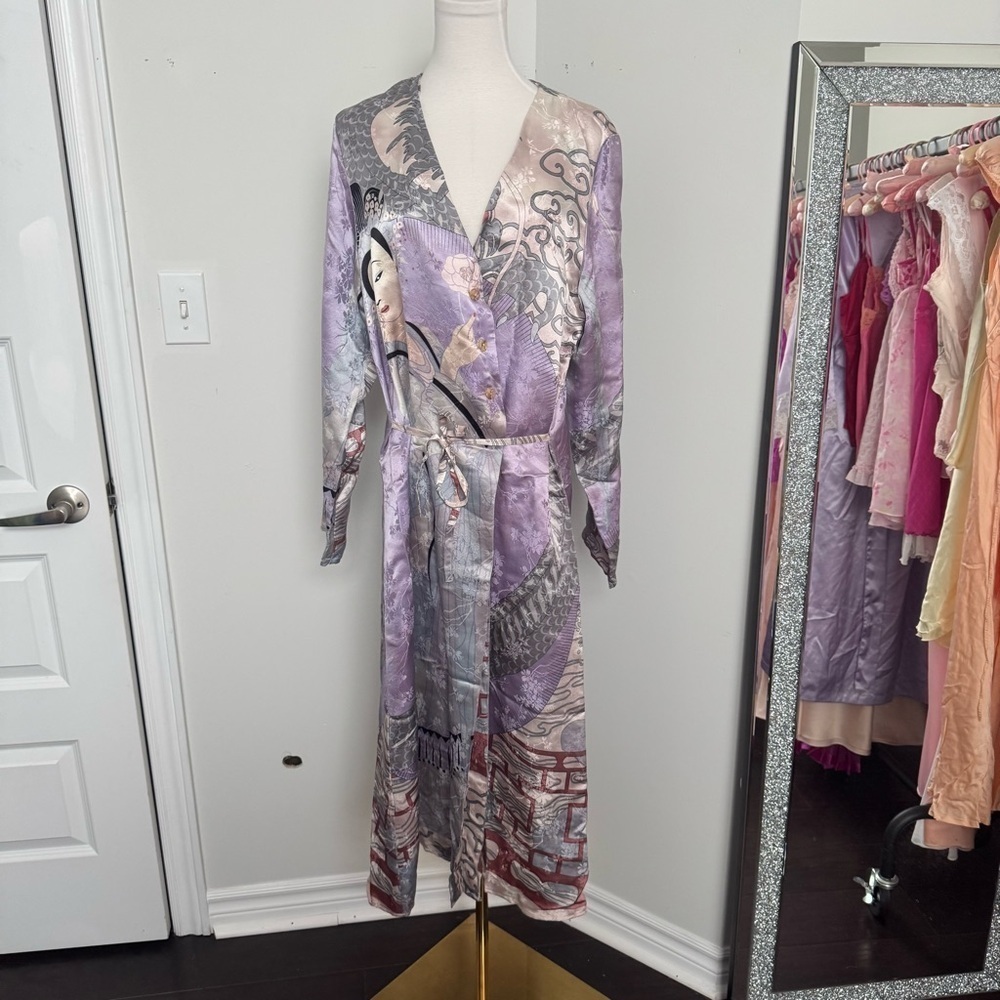 Vintage 100% Silk Kimono Robe Duster w Print japanese dragon geisha XL lavender - Picture 4 of 15